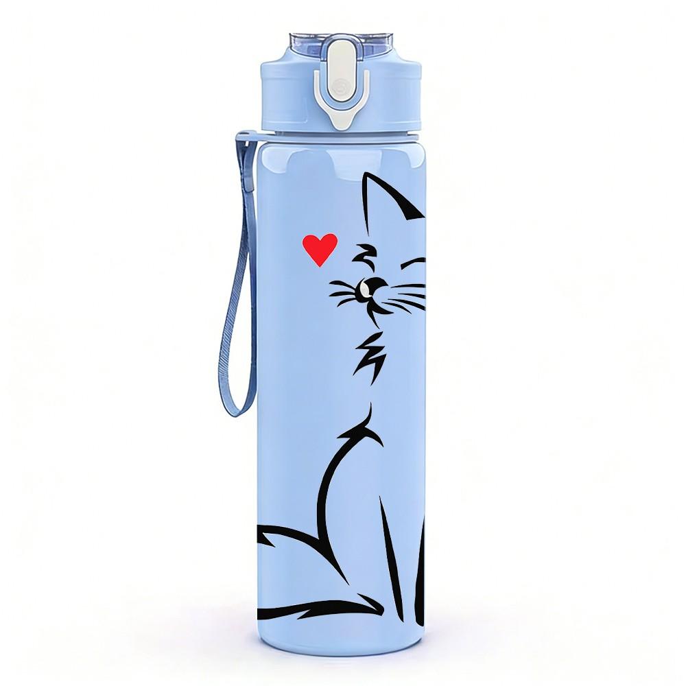 1PC White Cat Sitting Simple Sketch Print 750ml Color Plastic Sports Water Bottle Leakproof Flip Straw Lid Suitable for Sports Office Home Use