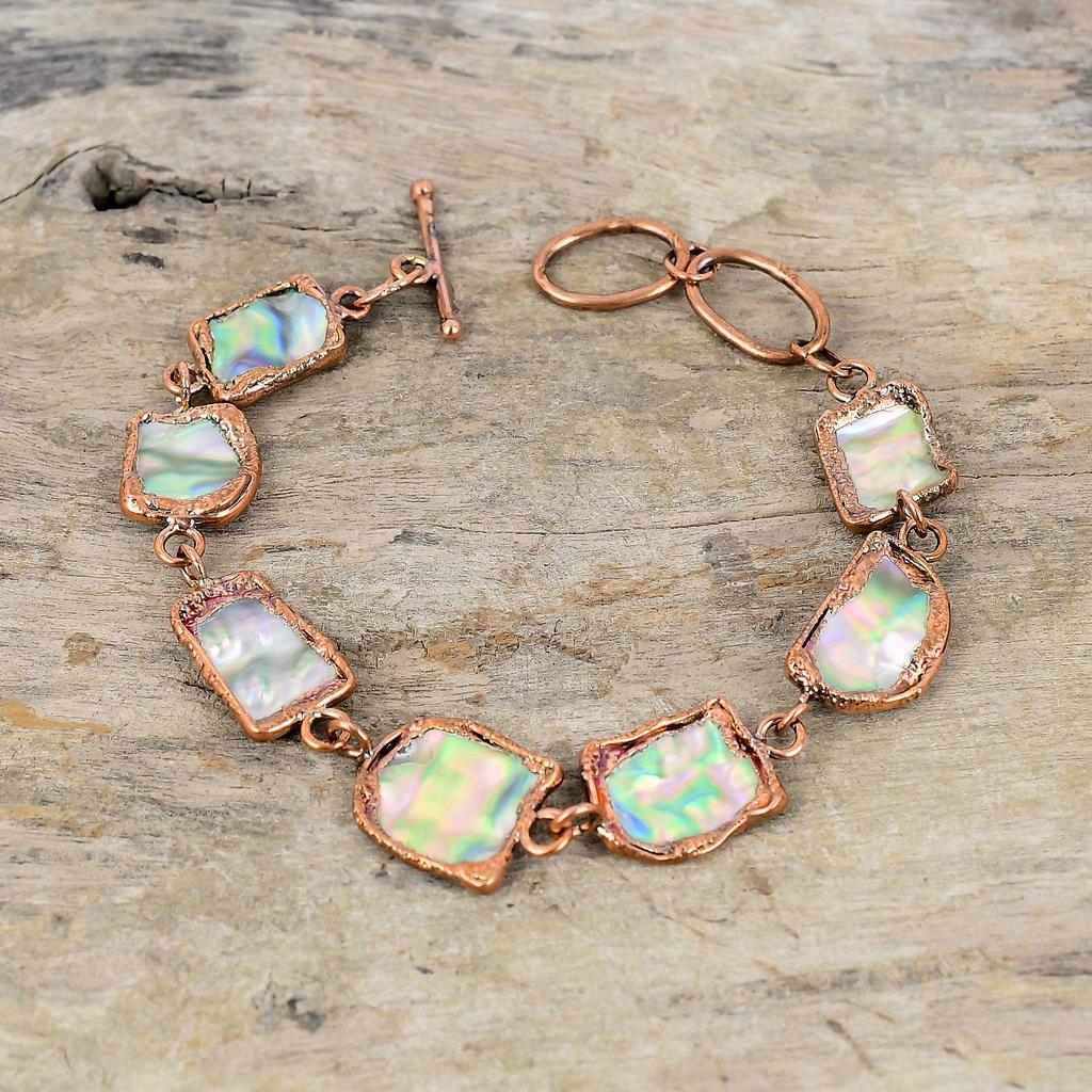Brățară aspră din coajă de abalone Brățară din cupru electroformată Brățară cu lanț reglabil Bijuterii din cupru lucrate manual Brățară cu pietre prețioase Cadou pentru mama