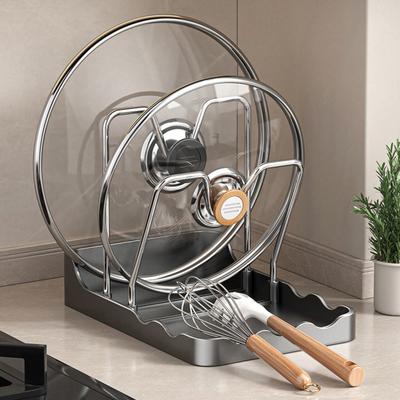 Stojan na pokličky na pracovní desku Úložný stojan na poklice od pánve se odkapávací miskou Stojan na pokličky s odkladačem na lžíci během vaření Kuchyně