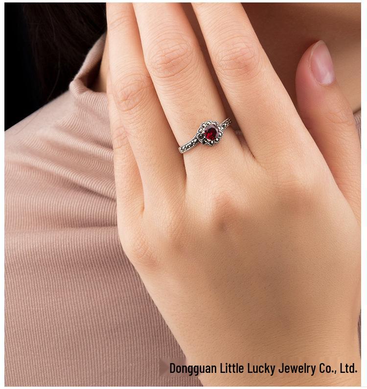 Elegant S925 Thai Silver Ring with Natural Garnet, Ruby, and Marcasite