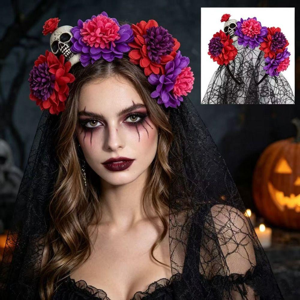 Black Veil Halloween Flower Headband Floral Festive Costume Headwear  Carnival Party