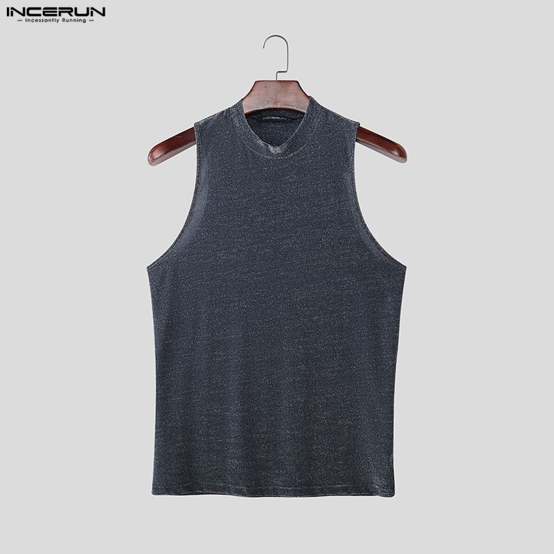 INCERUN Summer Men Mockneck Sleeveless Shiny Casual Tank Tops Vest