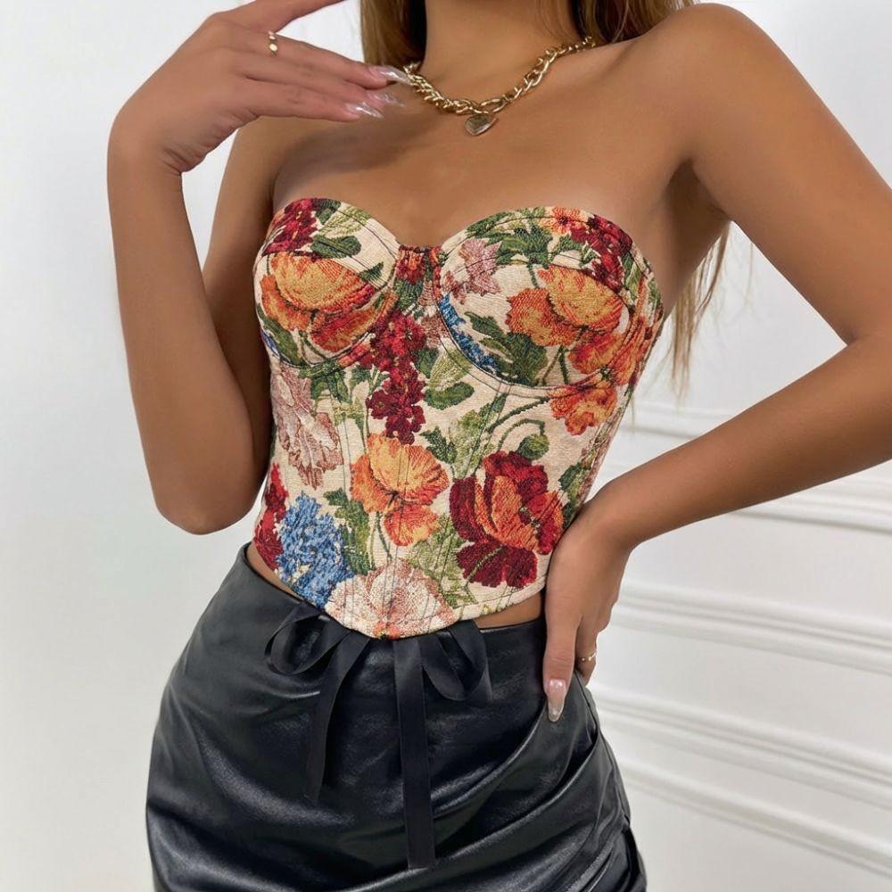 Boned Floral Underwired Corset Multi-Color Abdominal Shaping Women's Shapewear Jacquard Off-shoulder Strapless Corset Top