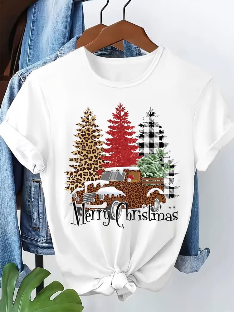 (Asian Size) Leopard Tree Cute 90s T Shirt Print Fashion Merry Christmas Women's Top Short Sleeve T-shirts O-neck Casual New Year Clothing Graphic Tee
