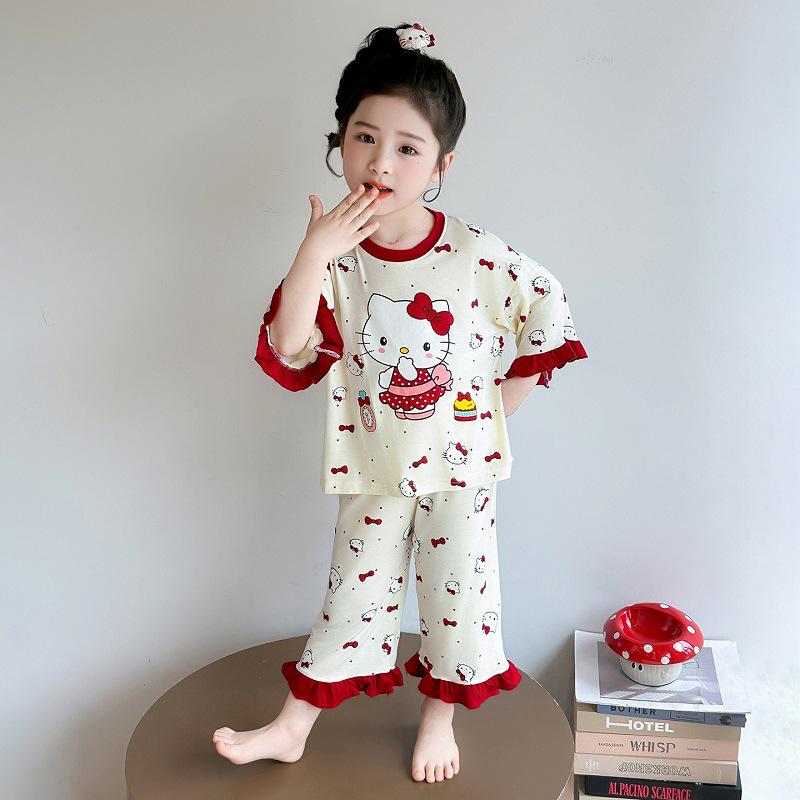 Girls' Summer Modal Pajamas - Cartoon Princess Style, Three-Quarter Sleeves. Perfect Air Conditioning Home Wear for Kids.