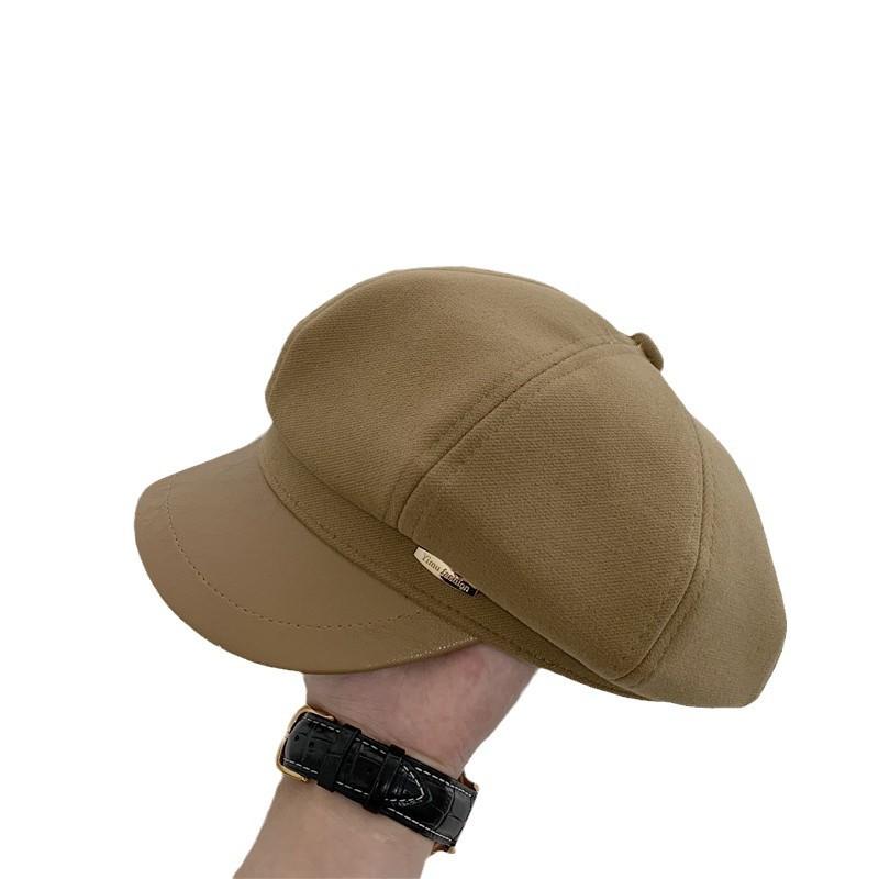 Spring and Autumn Hat Women's Autumn and Winter Versatile Temperament Leather Along Wool Octagonal Hat Quality Retro Newsboy Hat