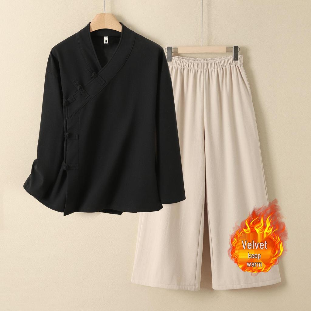 Hanfu d'Automne/Hiver en Coton et Lin pour Femmes: Cardigan Long à Manches Longues Style Chinois Doublé de Velours Robe de Moine pour la Cérémonie du Thé