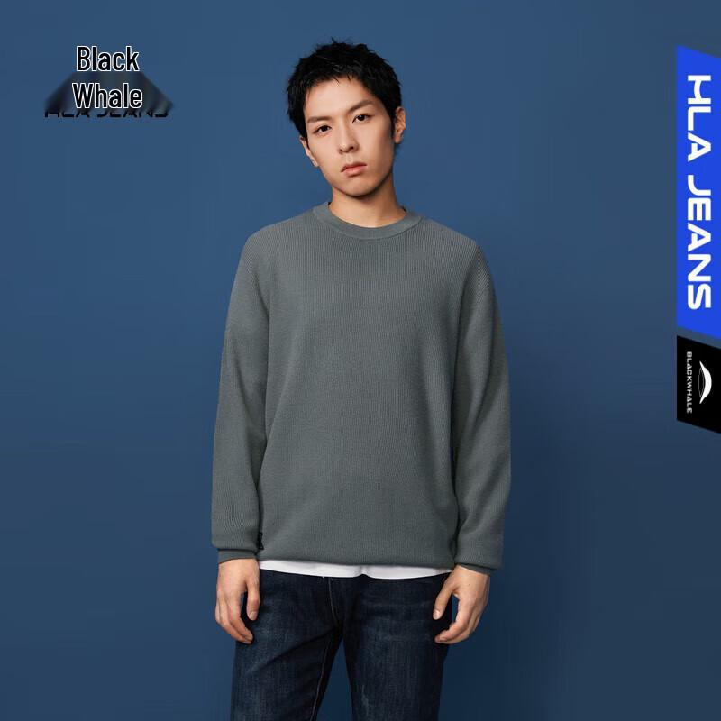 HLA Black Whale Men's Basic Solid Color Round Neck Sweater