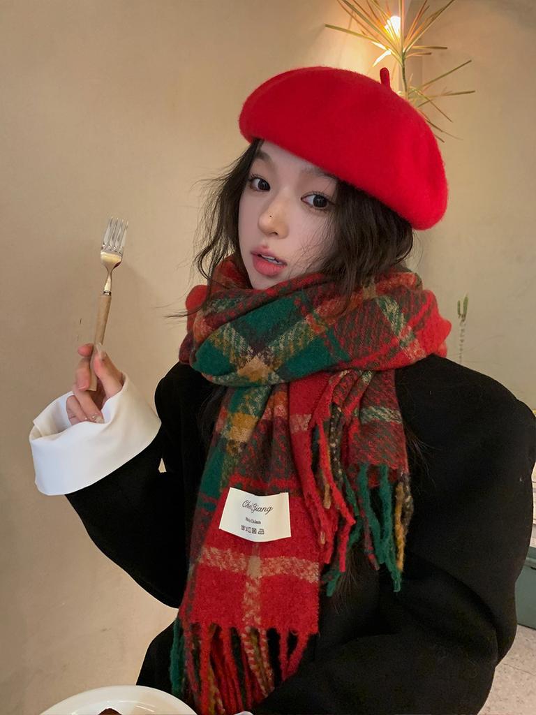New Year's Red Fringed Plaid Scarf, Winter Women's Christmas Lengthened and Thickened Warm Shawl, Student Scarf Tide