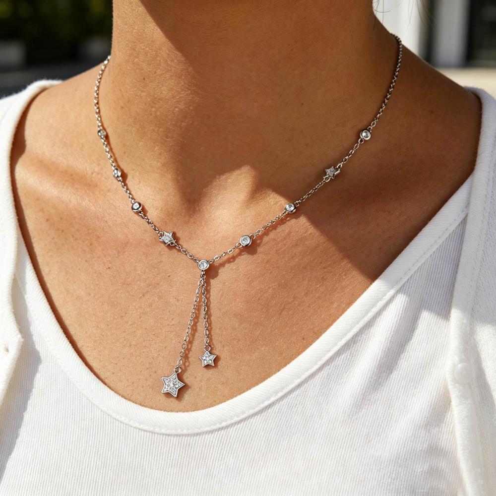 2026 New Design Thin Chain Link Star Choker Necklace Paved Iced Out CZ Zircon Tassel Chain Dangle Small Star Lariat Necklace Set