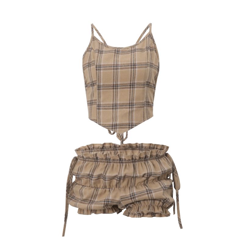 American Gyaru Girl Plaid Backless Lace-up Halter Top Women + Sexy Low Waist Flower Buds Short Dress Set New