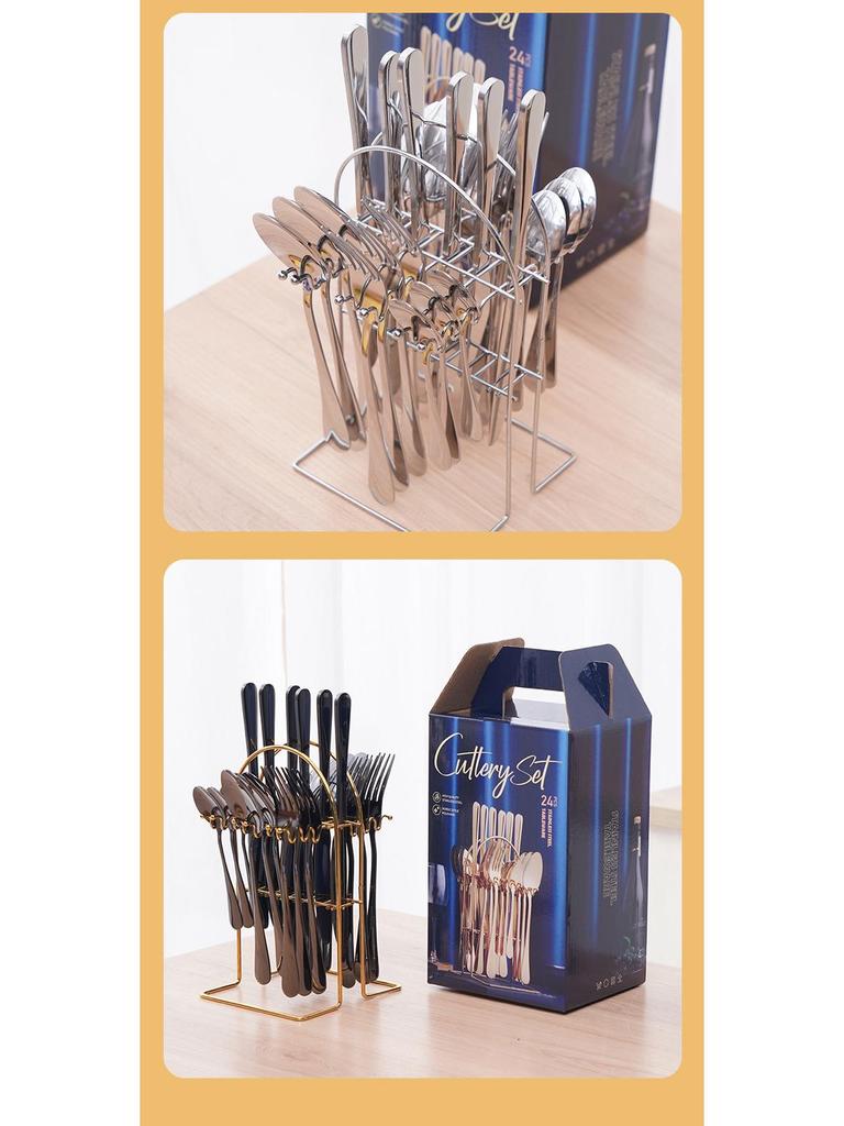 Stainless Steel Cutlery Set: 24-Piece Gift Box with Knife, Fork, Spoon for Western Food and Desserts.