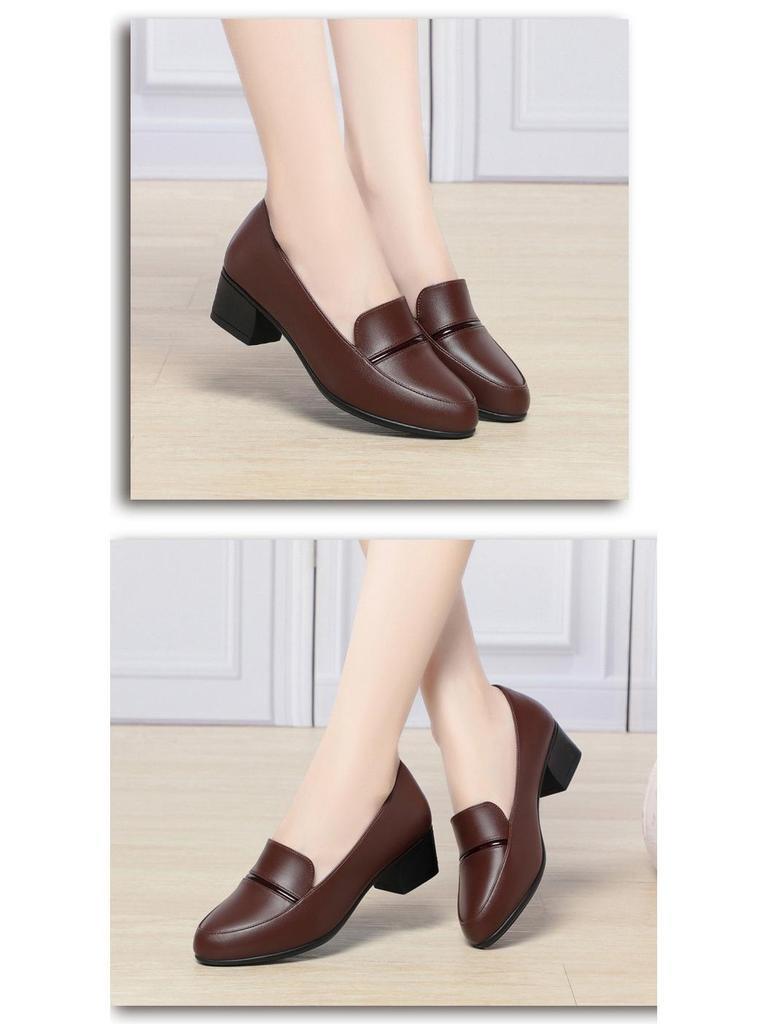 2025 Spring/Autumn Comfortable Soft Leather Chunky Heel Shoes for Women - Versatile for Middle-Aged and Elderly
