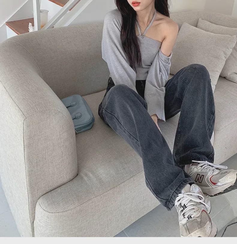 Women's High Waist Black Gray Wide-Leg Jeans - Slim, Floor-Length, Autumn/Winter 2021 Style