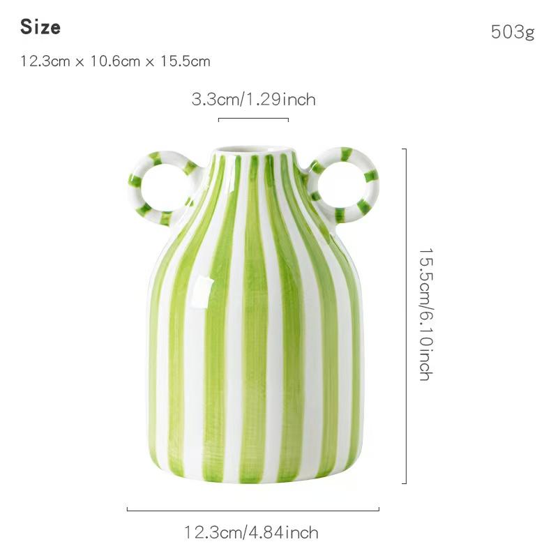 European Hand Painted Striped Ceramic Vase French Light Luxury Living Room Decor