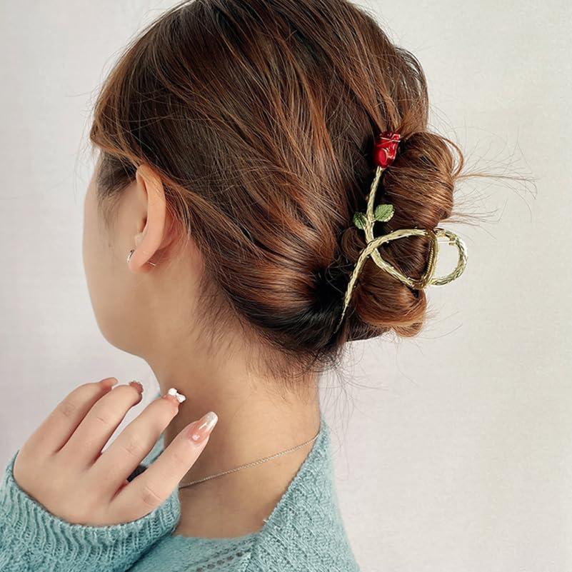 Homoyoyo Large Hair Claw Clip for Thick Hair, Retro Metal Rose Design, Strong Hold Hair Accessories, 11.5cm Extra Large Size, Gold x Red Alloy,