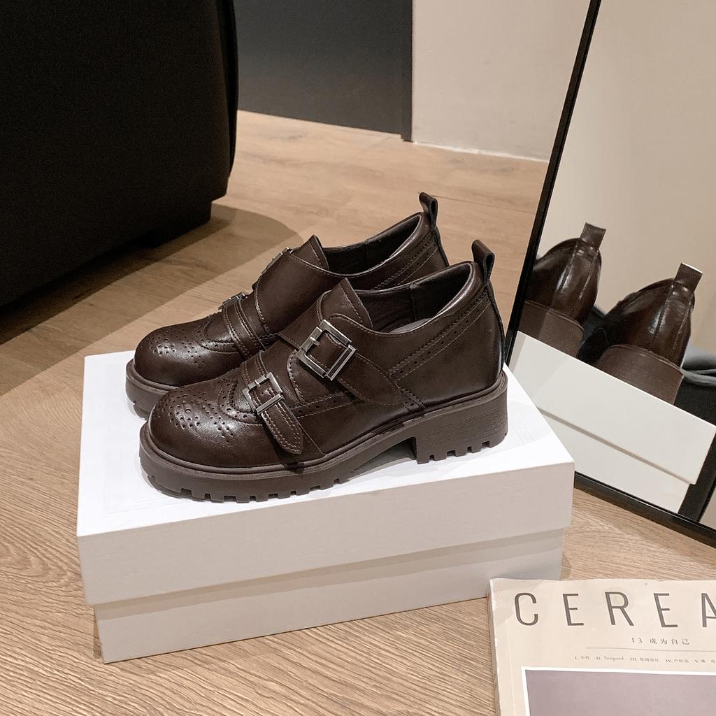 Height Increase Brock Engraved Women's Genuine Leather Velvet Small Leather Shoes Old Money Style Retro Versatile Single Shoes