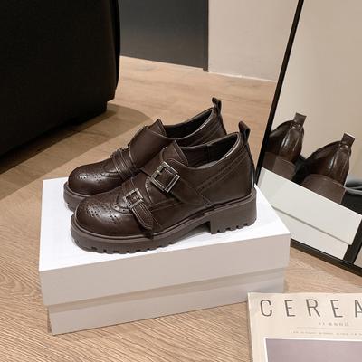 Height Increase Brock Engraved Women's Genuine Leather Velvet Small Leather Shoes Old Money Style Retro Versatile Single Shoes
