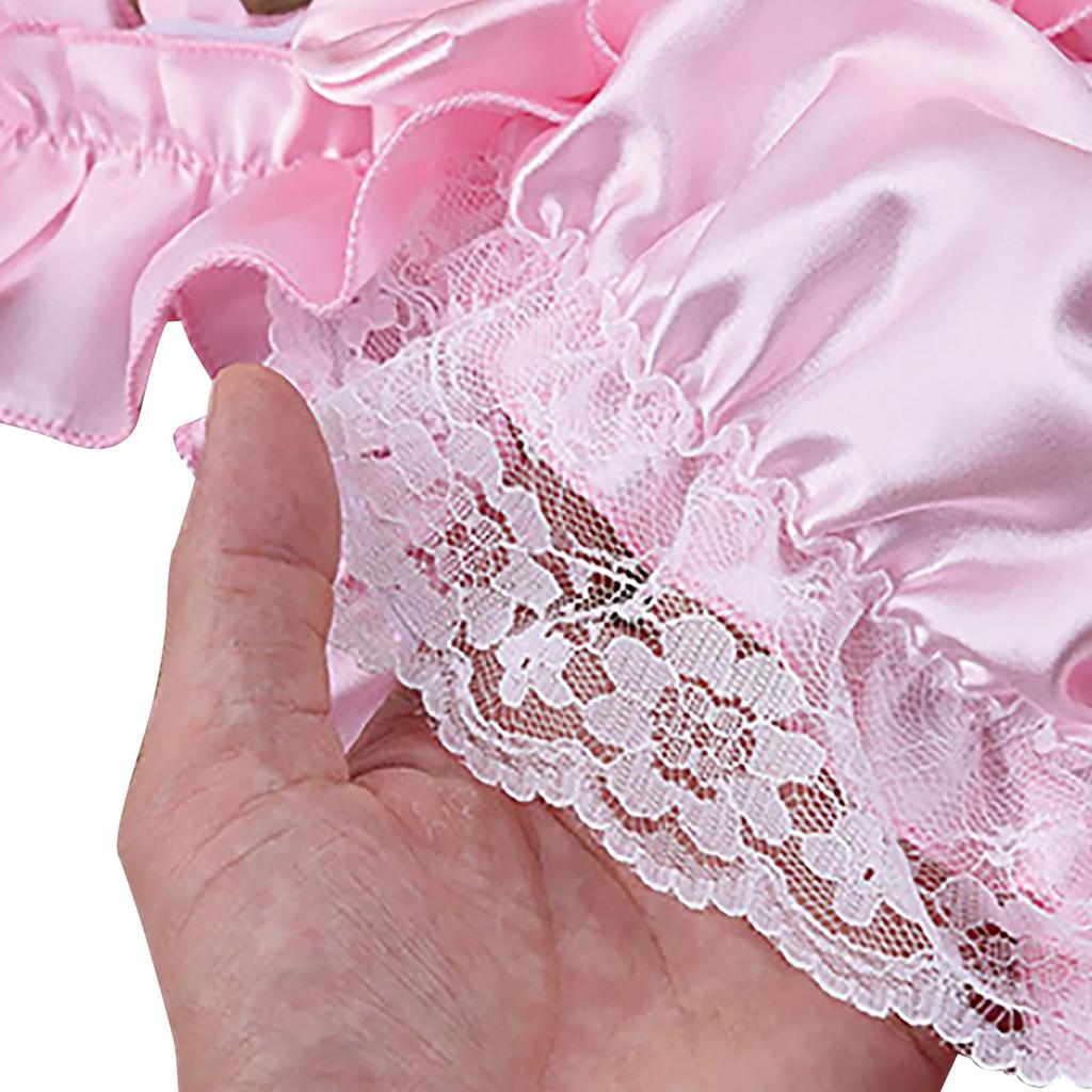 LYING Sexy Maid Cosplay Satin Fabric with Cute Bowknot and Lace Perfect for Perforated Breathable Size XL Men's T-Back Underwear, Costume, Trim,