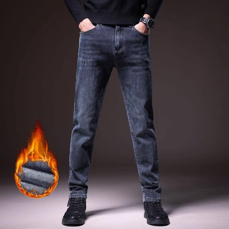 Spring And Autumn Winter New Men'S Plush/Regular Jeans Slimming Straight Stretch Business Versatile Long Pants