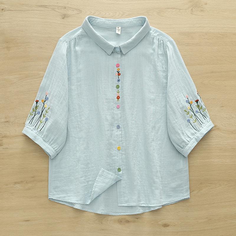 Artistic and fresh breathable cotton gauze turn-down collar short-sleeve shirt for women, casual summer double-layer gauze top