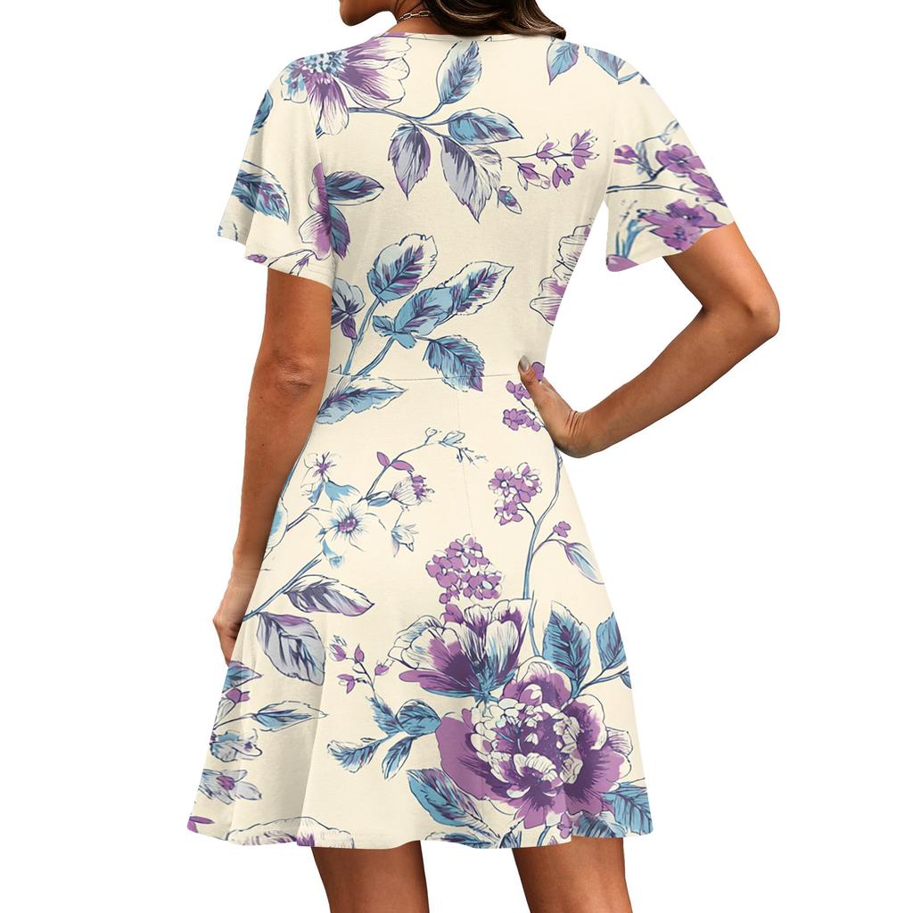 Women’s Casual V Neck Short Sleeve Dress Floral Print Soft Fabric Lightweight Relaxed Fit Summer Style