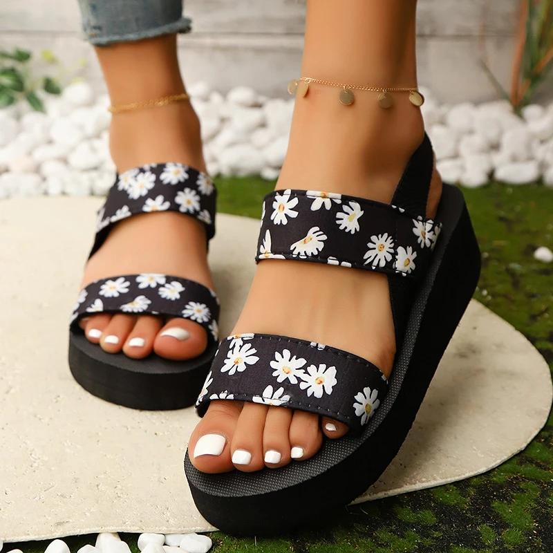 Women's Leopard Print Wedge Sandals Fashion Elastic Cloth Platform Sandals Woman Summer 2025 Lightweight Thick Sole Beach Shoes