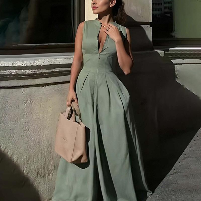 Women's clothing, new spring models in Europe, America, fashion temperament, trendy commuting solid color wide-leg jumpsuit