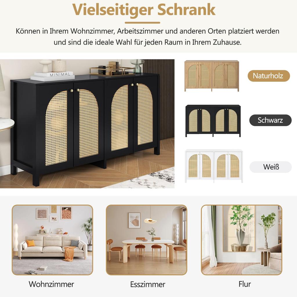 Sideboard with 4 Rattan Doors, Modern Buffet Cabinet Multipurpose Cabinet with Ample Storage Space, Adjustable Shelf, Side Cabinet for Living Room/dining Room