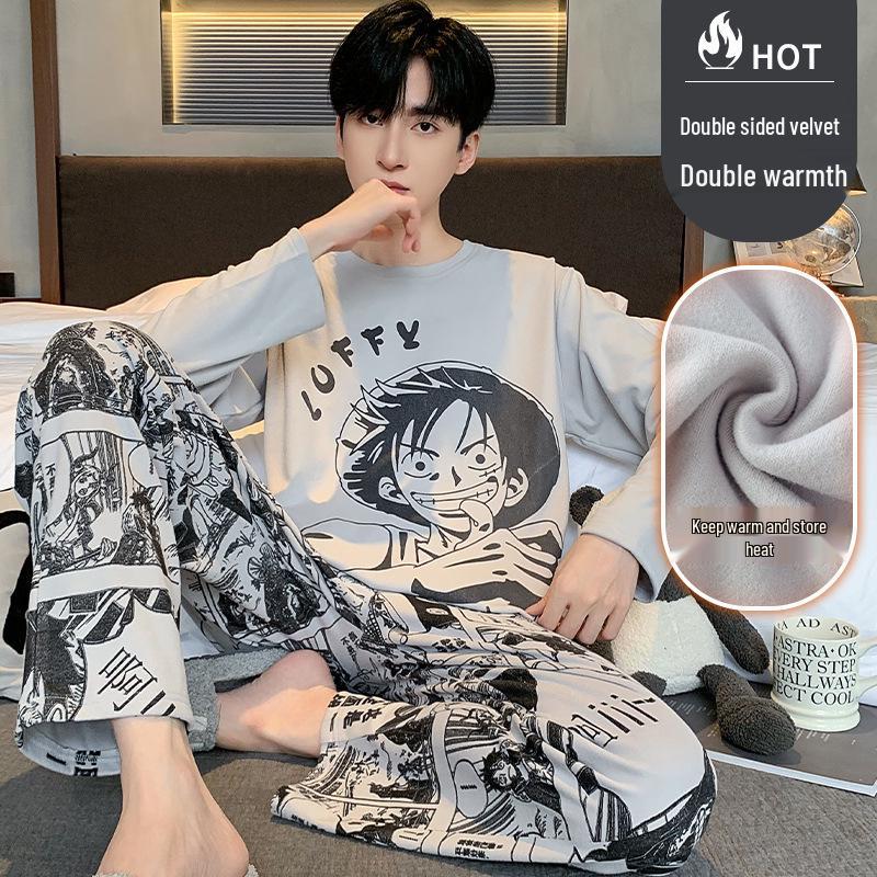 Men's Warm Velvet Pajamas - Casual Long-Sleeve Cartoon Print, Autumn/Winter, Loose Fit, Round Neck, Suitable for Teenagers and Children.