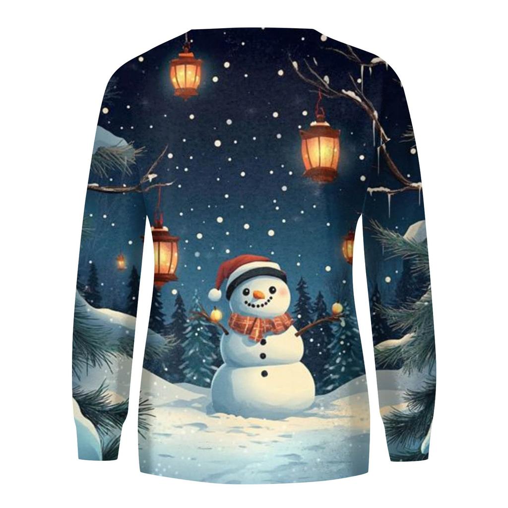 Women's Casual Fashion Christmas Print Long Sleeve Round Neck Pullover Top Blouse Sweatshirt