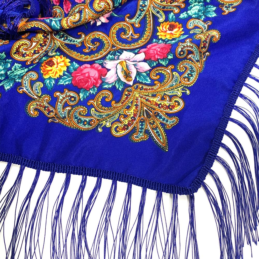 Retro Style Ukrainian Fringed Shawl Russian Floral Print Square Scarf Babushka Bandana Handkerchief Female Head Wraps