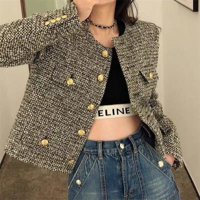 Coarse Tweed Small Fragrant Jacket for Women's Single Breasted Short Top Suit Jacket Female Wool Coat Lady Pocket Outwear Black