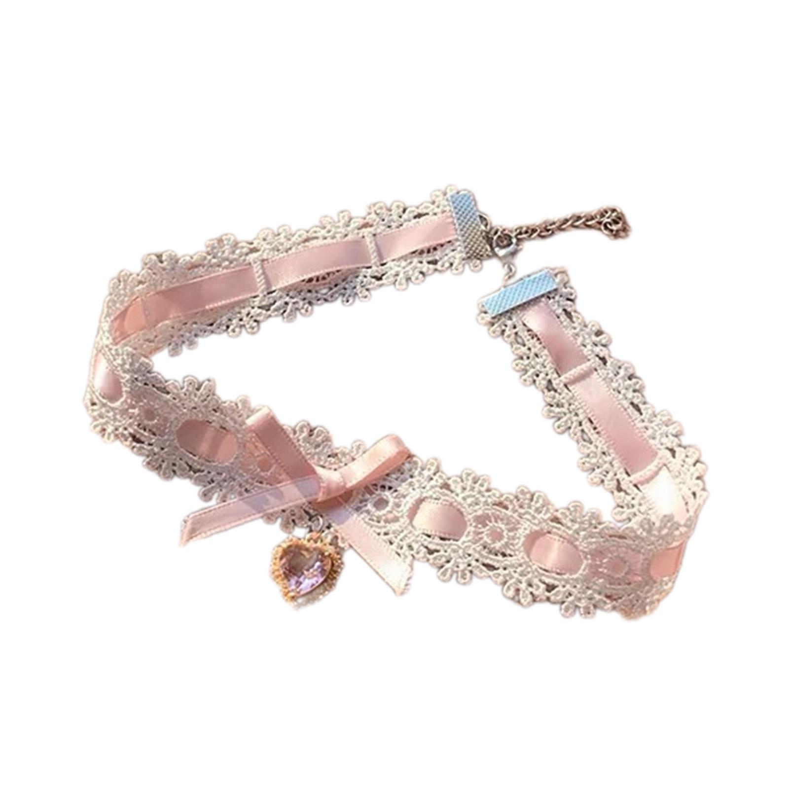 

Bowknot Heart Pendant Necklace Adjustable Bow Neckchain for Women Elegant Lace Collarbone Chain Choker Accessories розовый