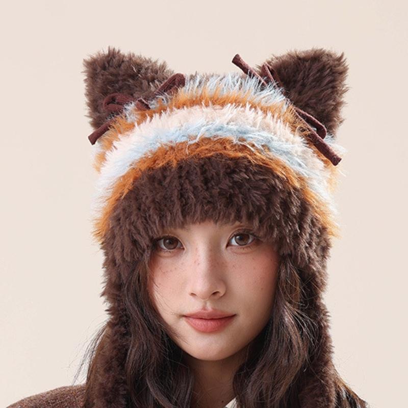 Couvre-tête de dessin animé poilu avec oreille pour sports de plein air Chapeau rayé avec oreille Couvre-chef surdimensionné Chapeau pour l'hiver