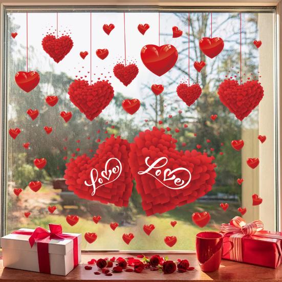 Valentinstag Fenstersticker Wiederverwendbare Rote Liebesherzen Statische Fensteraufkleber für Valentinstag Hochzeitsfeier Geburtstagszubehör