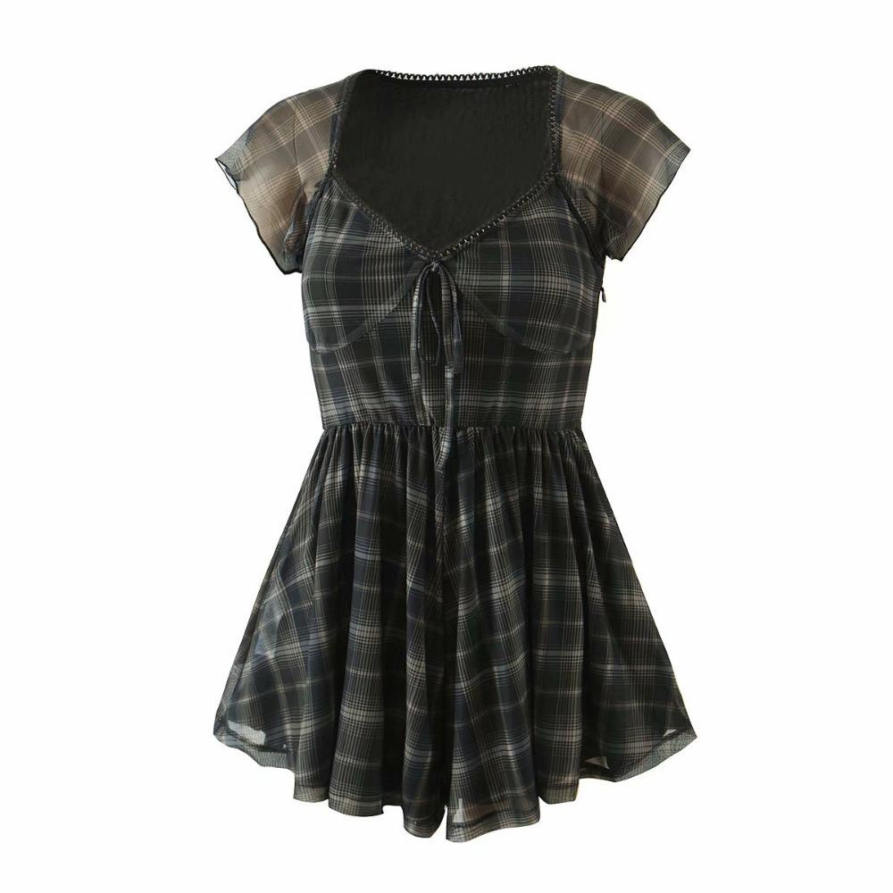 European & American Summer Women's Mesh Plaid Square Neck High Waist Slimming Jumpsuit & Skirt