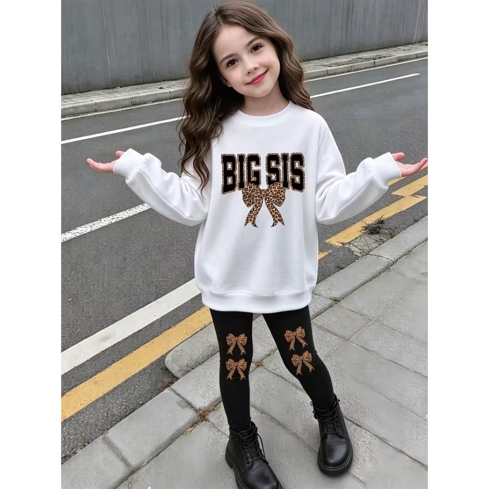 Girls' Leopard Bow Casual Comfortable Soft Loose Pullover Sweatshirt and Leggings 2-Piece Set, New Autumn/Winter, Playful, Sweet and Cool Style