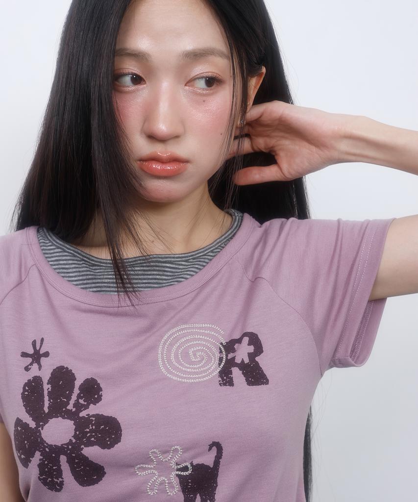 LMR Motif Embroidered Striped Layered T-Shirt Purple Pink