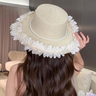 1pc Sweet Japanese Style Pearl-trimmed Straw Hat for Women, Outdoor Spring/summer Wide Brim,outdoor Sun Protection Hat for Beach