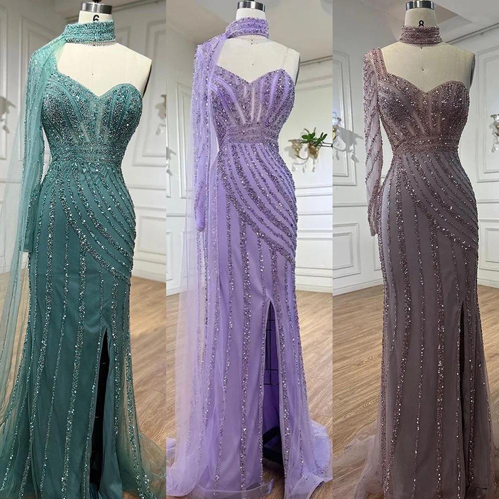 High-end one-shoulder long-sleeved fish-tail split-ended long dress light luxury temperament celebrity banquet hosting dress LA11918