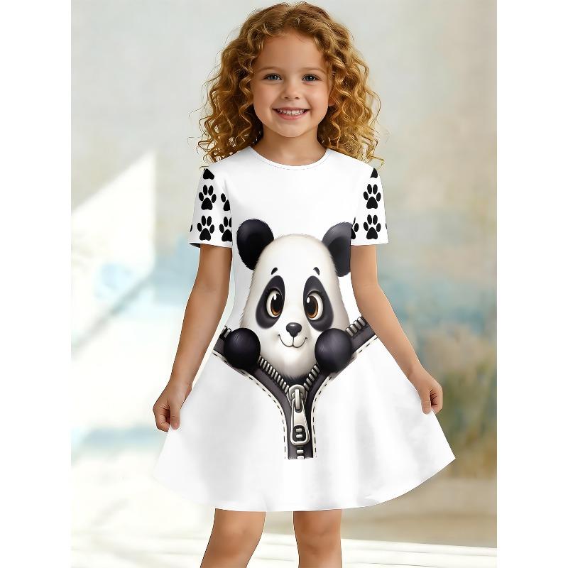 3D Cute Printed Dress for Young Girls, Short Sleeved Round Neck Children's Party A-line Dress Suitable for Birthday Gifts