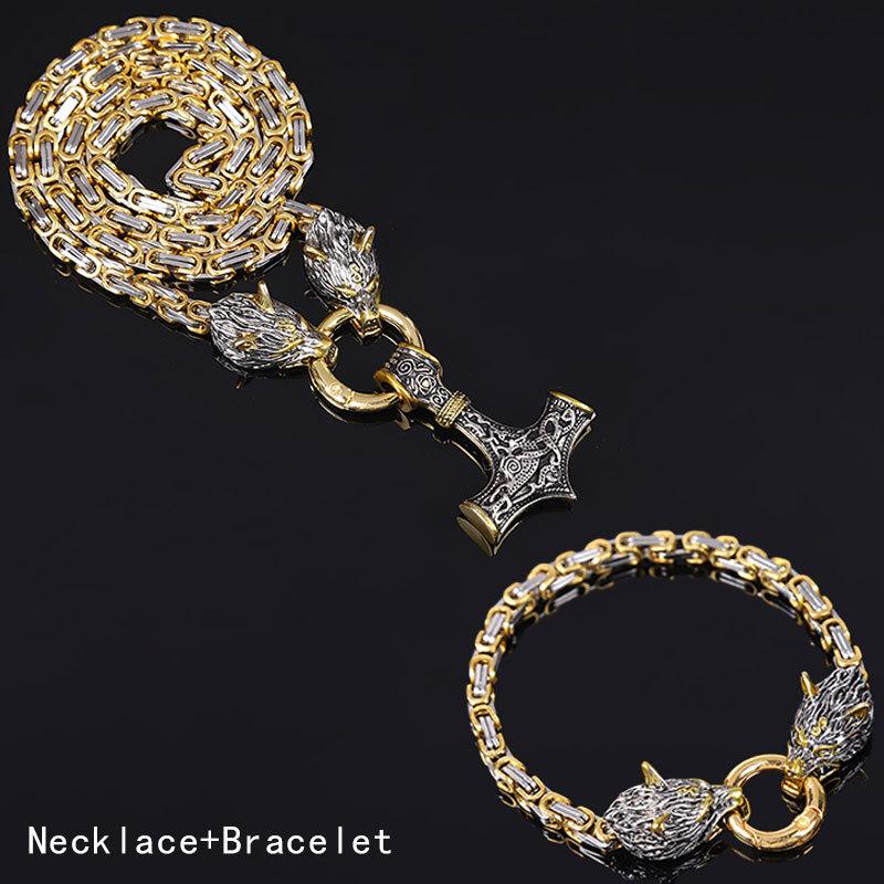 Foreign Trade Retro Nordic Viking Rune Hammer Pendant Wolf Head Necklace Bracelet Jewelry Set Stainless Steel Chain