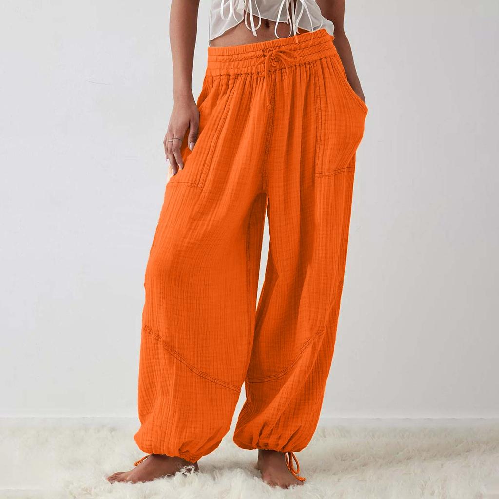 Women's Casual Loose Fit Drawstring Pants with Pockets, Boho Lightweight Wide Leg Trousers for Summer