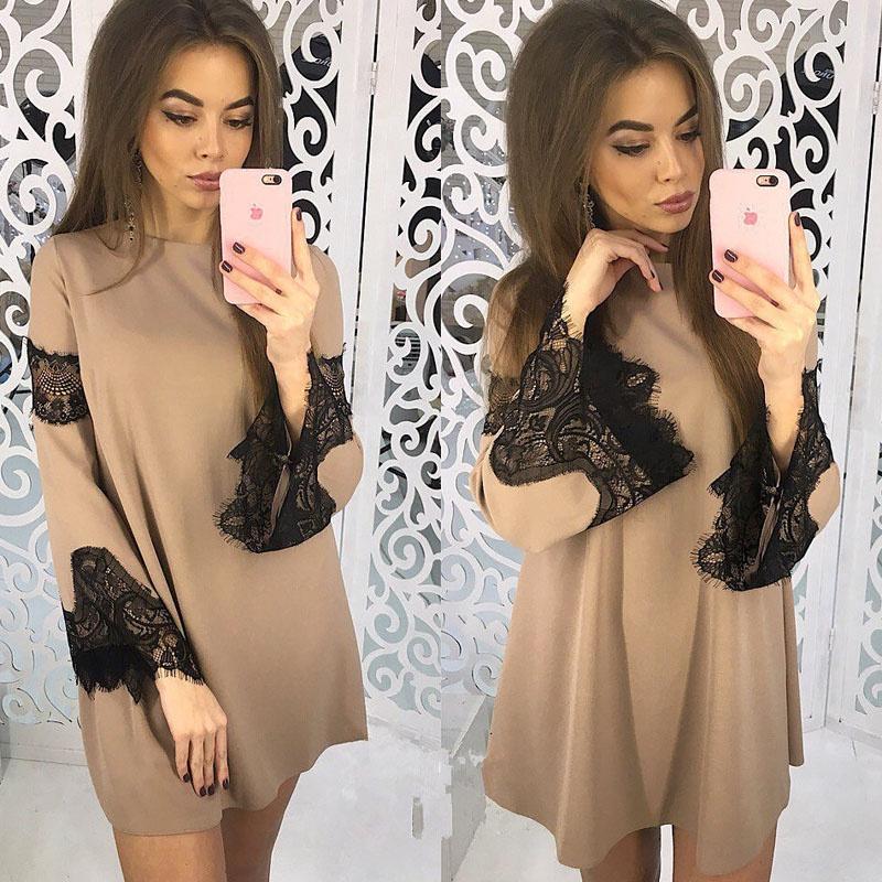 Elegant Solid Color Lace Stitching Dress For Women Perfect For Casual Outings