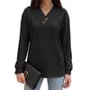 Solid Color V Neck Button Decor Loose Long Sleeve Casual T Shirt Top