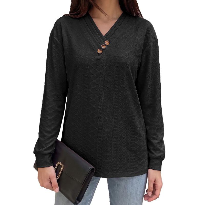 Solid Color V Neck Button Decor Loose Long Sleeve Casual T Shirt Top