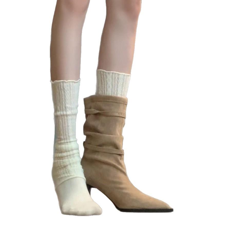 Temperament version~ pointed temperament retro pleated piled boots thin heel western boots high heel short boots women's thin boots