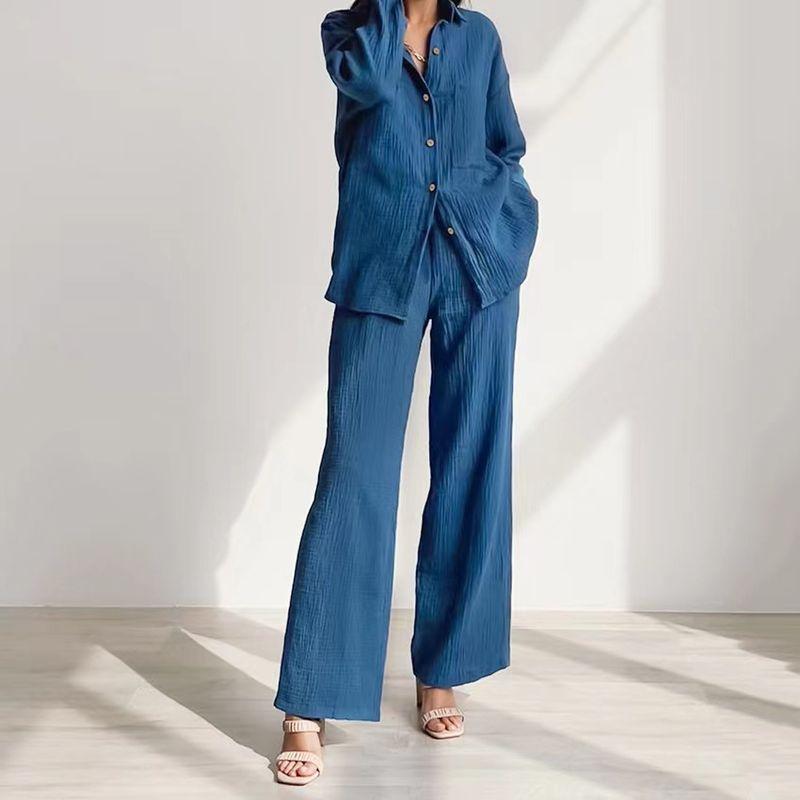 

Fashion Style Loose Plaid Shirt Pants Suit Loose Fitting Shirt and Pants Set Blue S