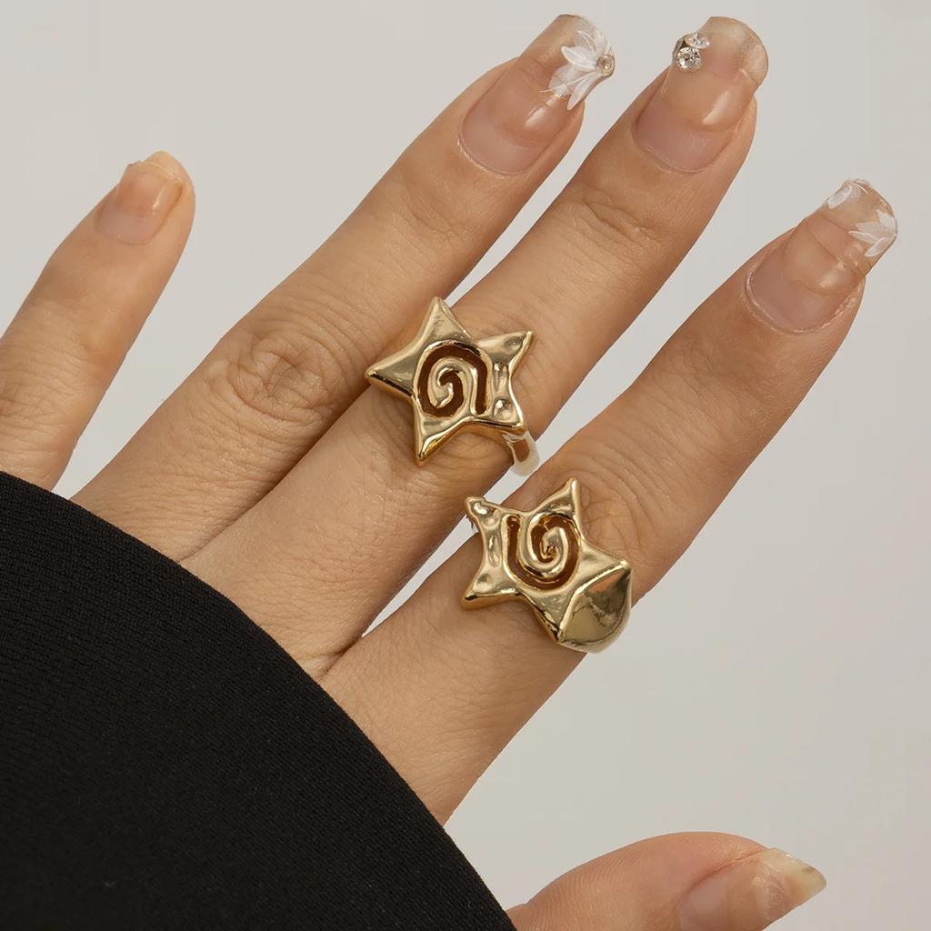 XINYI 2Pcs Design Three Dimensional Star Open Ring Set for Women Hip Hop Hollow Pentagrams Wide Finger Ring Girls Party Jewelry